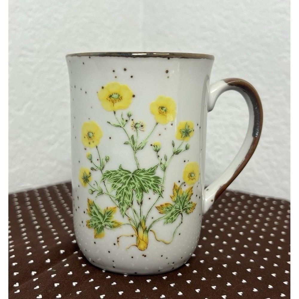 Vintage Buttercup Japan No 104 Yellow Floral Speckled Stoneware Mugs Set of 4